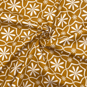 Tissu coton imprimé fleurs géométriques vintage sur fond moutard 