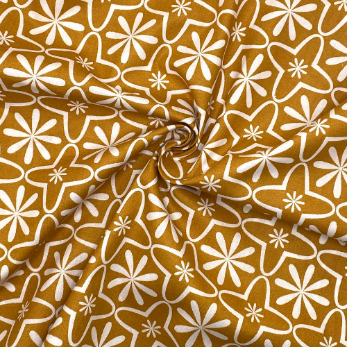 Tissu coton imprimé fleurs géométriques vintage sur fond moutard