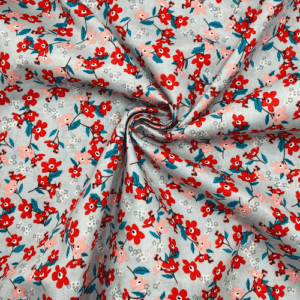 Tissu Coton imprimé Bouquet fleuri rouge et rose fond gris – Par 10 cm