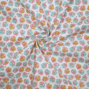 Tissu Coton imprimé Fleurs éventail moutarde et turquoise – Par 10 cm