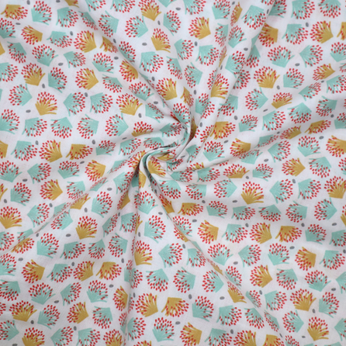 Tissu Coton imprimé Fleurs éventail moutarde et turquoise – Par 10 cm