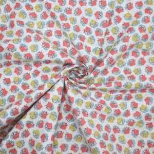 Tissu Coton imprimé Fleurs éventail corail et bleu – Par 10 cm 
