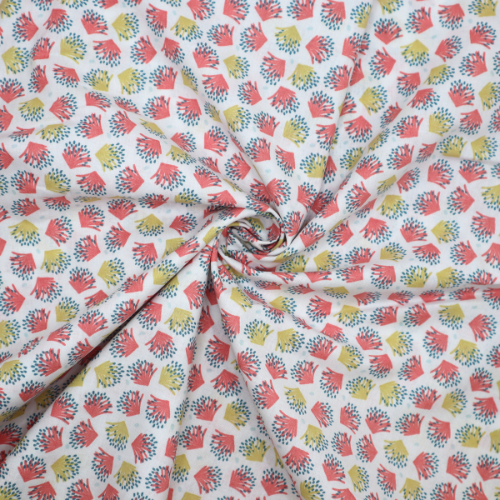Tissu Coton imprimé Fleurs éventail corail et bleu – Par 10 cm