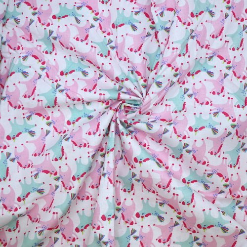 Tissu coton Licornes roses et turquoise